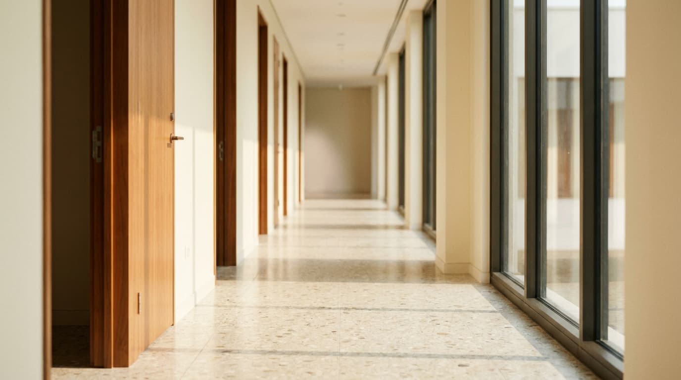 Heller Flur des Bürokomplexes mit Tür­reihe