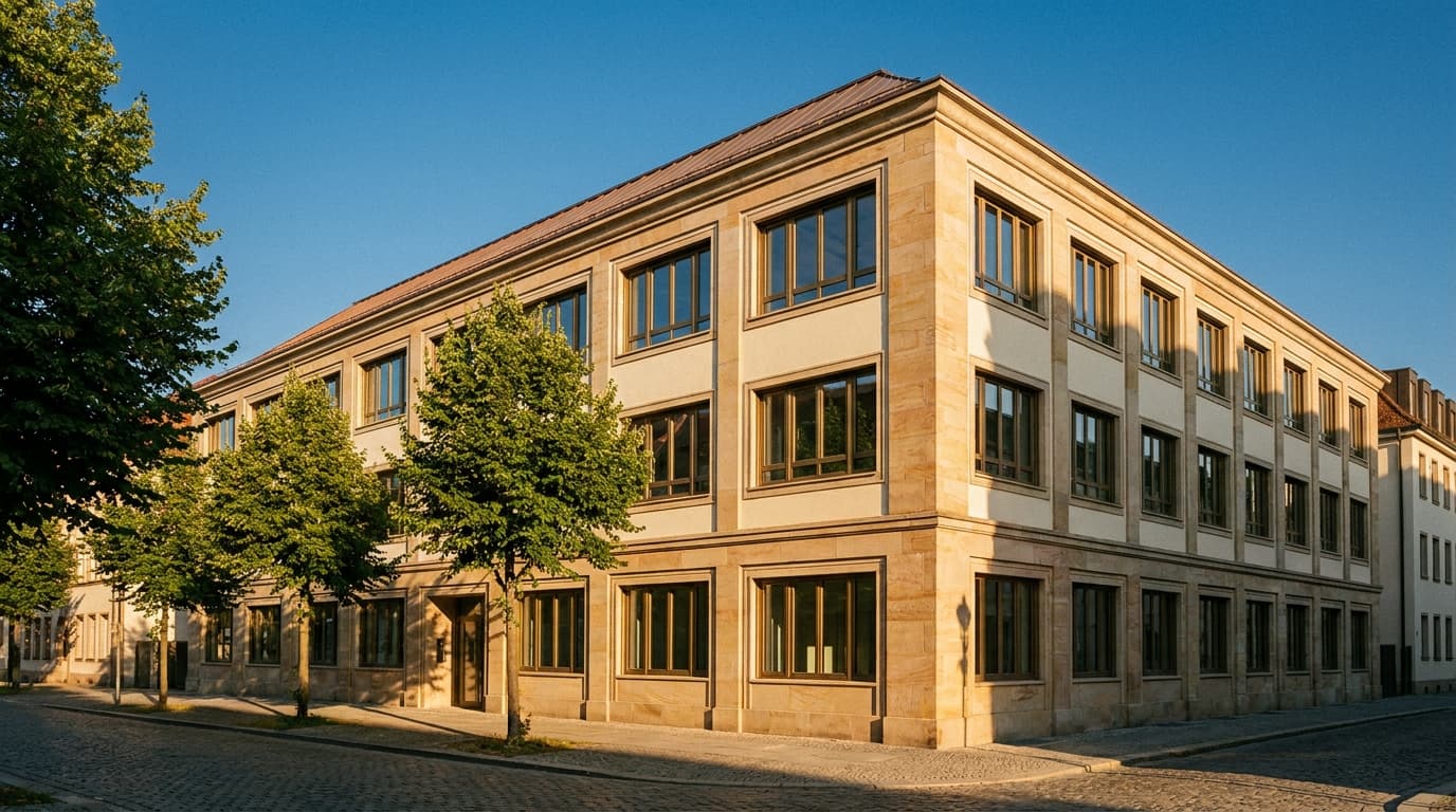 Bürokomplex Albert Baeumer — Fassade im Abendlicht